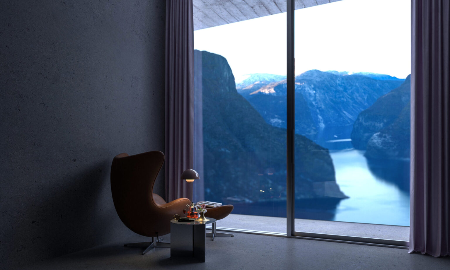 "Interior rendering of bedroom by window with designer lamp, overlooking fjords. contact form