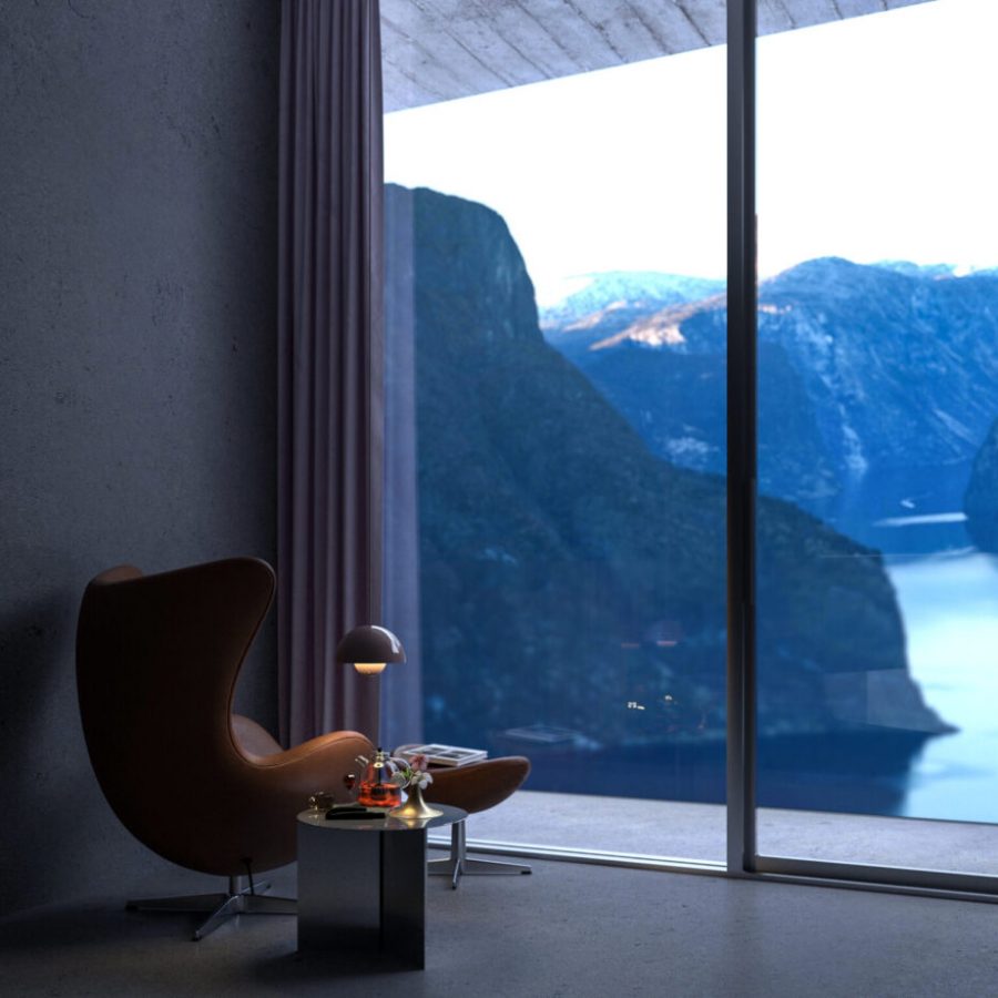 "Interior rendering of bedroom by window with designer lamp, overlooking fjords. contact form